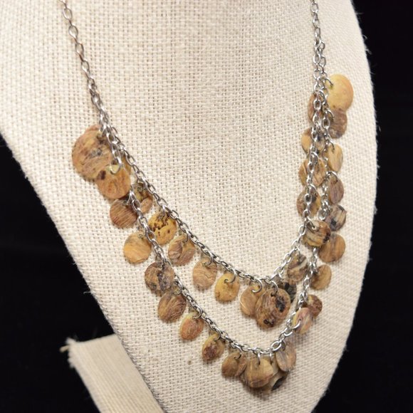 Reversible Double Layer Shell Round Disc Necklace Abalone Silvertone - Picture 4 of 12